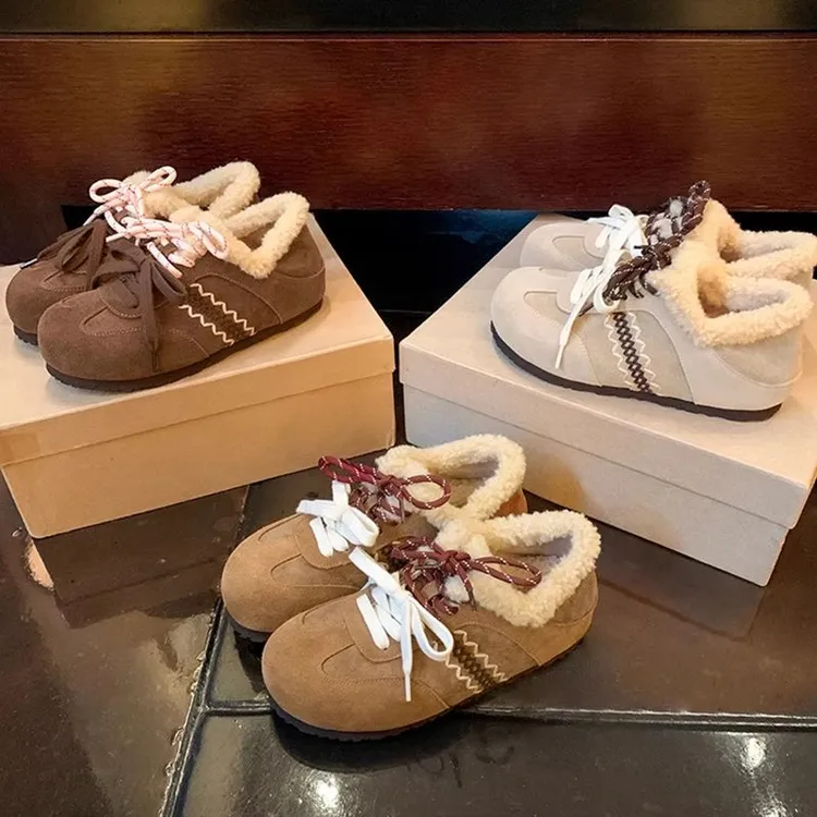 复古内增高毛毛鞋勃肯鞋女2025秋冬季新款加绒保暖系带德训鞋棉鞋