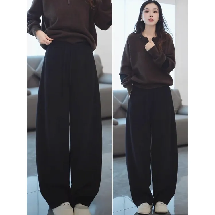 羊毛裤子冬加厚高腰休闲裤女2025新款显瘦加绒弯刀裤宽松运动卫裤