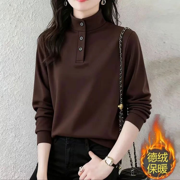 秋冬季新款半高领POLO衫女加厚德绒胖mm大码宽松显瘦纯色内搭打底