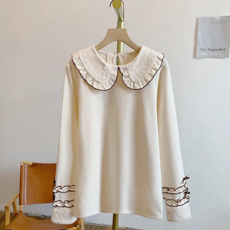 娃娃C5453坑条德绒毛绒拼接蝴蝶结木耳边娃娃领长袖T恤