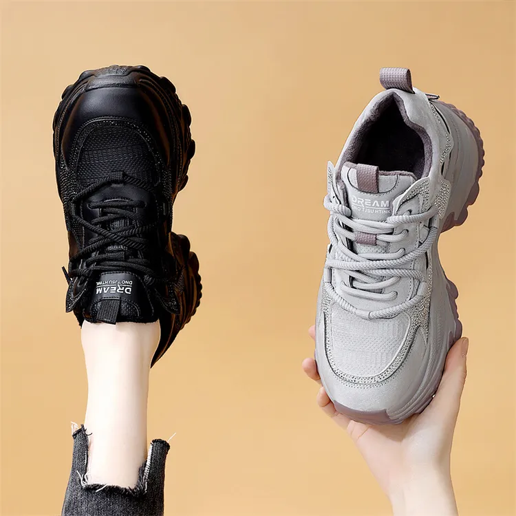 厚底增高水钻老爹鞋女款2025新款轻便软底舒适百搭休闲加绒运动鞋