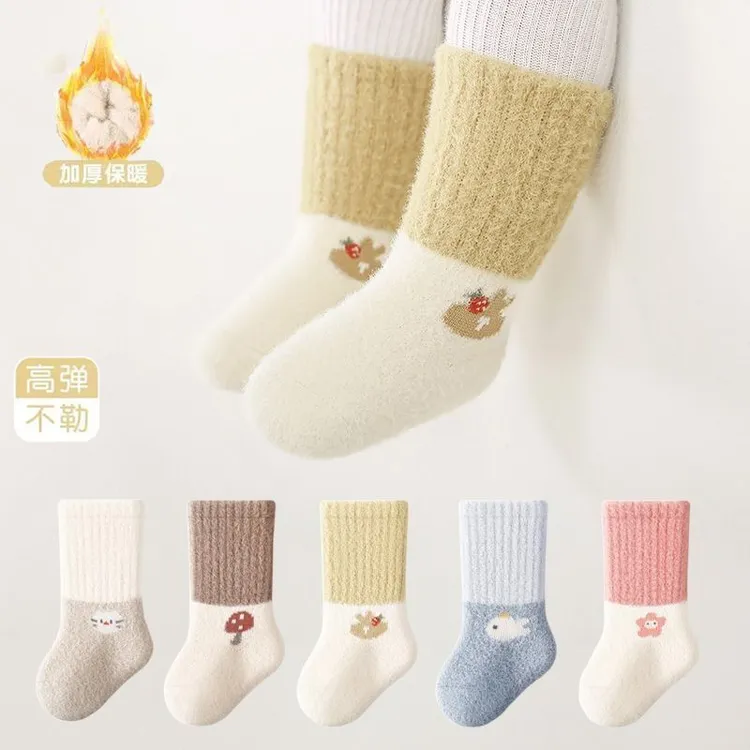 冬季宝宝袜子加绒加厚保暖锁温新生婴儿男女童双面绒0-3岁中筒袜