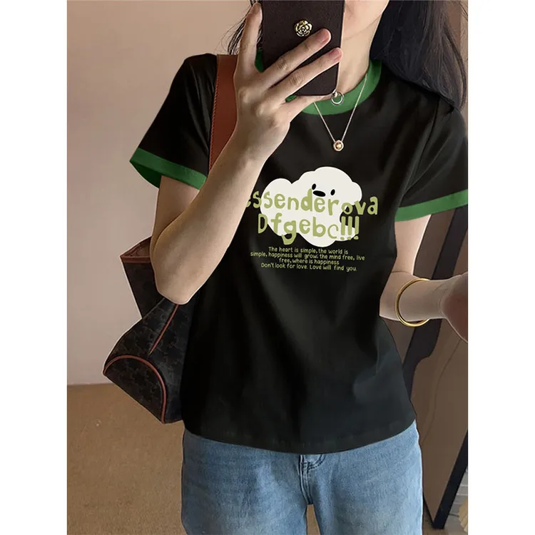 2025春夏季新款爆款推荐时尚高级感撞色拼接短袖女宽松T恤上衣潮