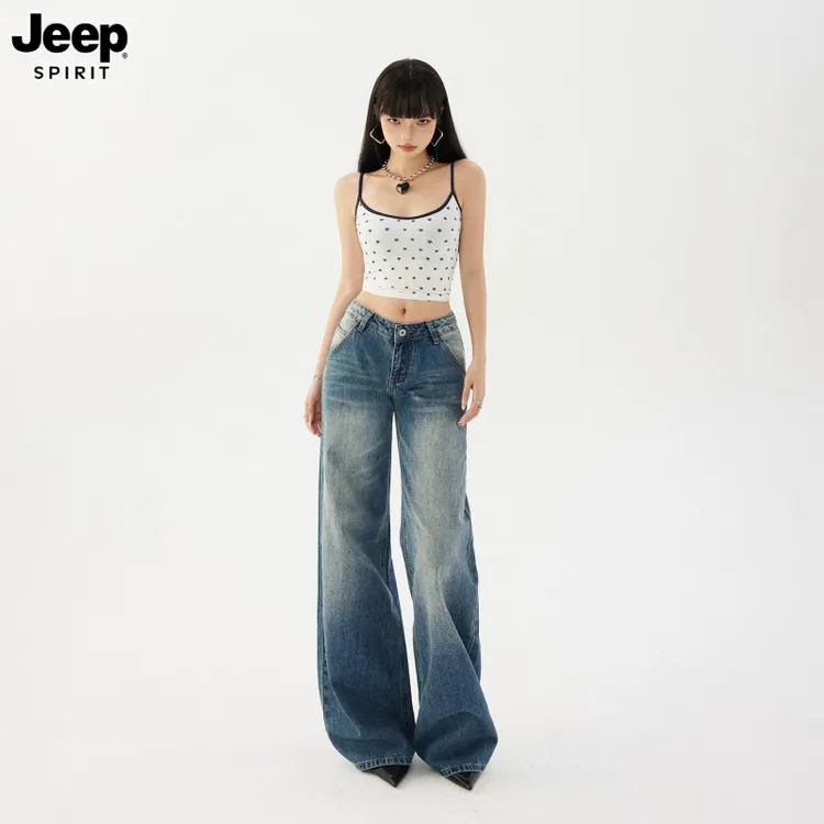 Jeep吉普美式复古低腰牛仔裤女2025新款扎染宽松喇叭裤阔腿裤