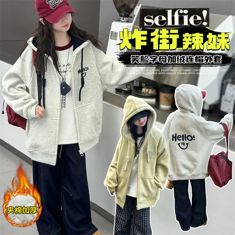 女童秋冬加棉连帽外套女孩韩版加厚宽松加棉外套女学生秋冬季外套