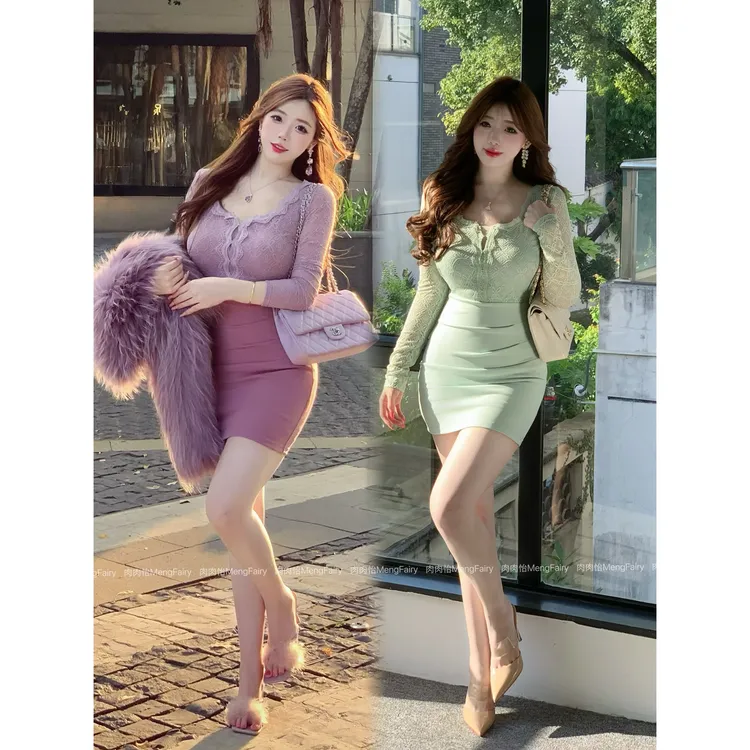 萌面侠肉肉怡【香芋薄荷】法式提花暗纹拼接包臀修身连衣裙6636B