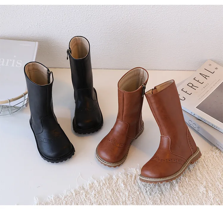 儿童马丁靴复古雕花高筒女童靴秋冬英伦百搭冬季简约中小童单靴子