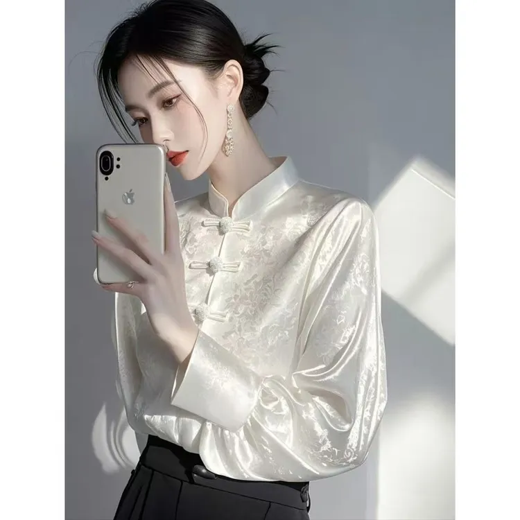 早秋新中式国风内搭打底衫女高级感轻奢减龄洋气白色提花衬衫9998