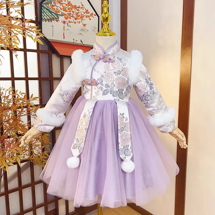 女童汉服冬季中国风夹棉加厚唐装连衣裙宝宝周岁宴礼服生日公主裙