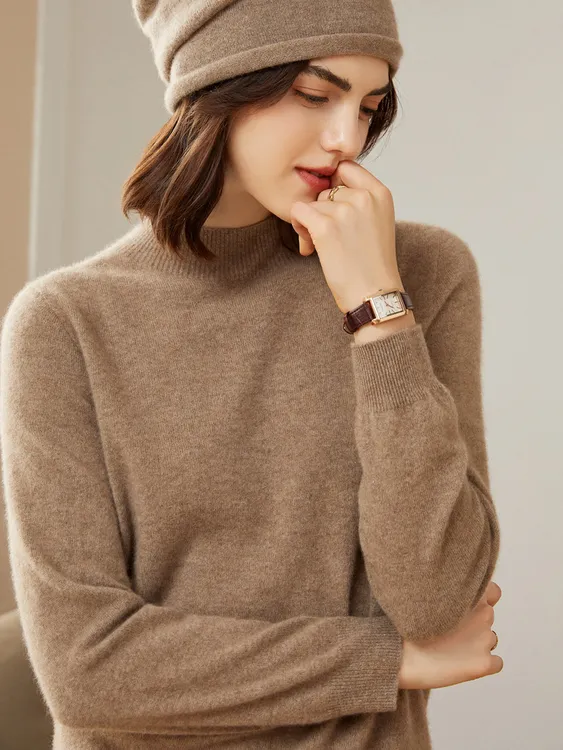 秋冬纯色羊绒衫半高领女士保暖100纯山羊绒针织打底宽松修身毛衣