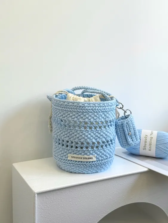 Stuuuly手工子母水桶包3mm空心棉圆股纱diy编织材料包单肩斜挎包
