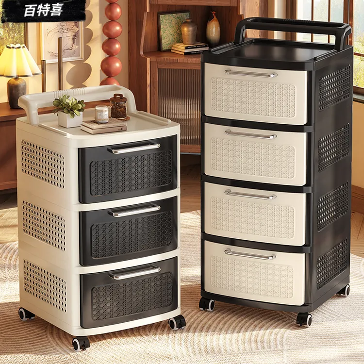 中式收纳柜储物柜大容量抽屉小推车客厅带轮可移动复古多层置物架