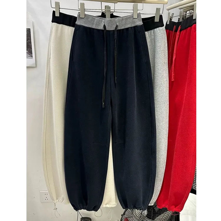 欧货高腰拼接抽绳阔腿卫裤女加绒加厚2025秋冬新款束脚两穿休闲裤