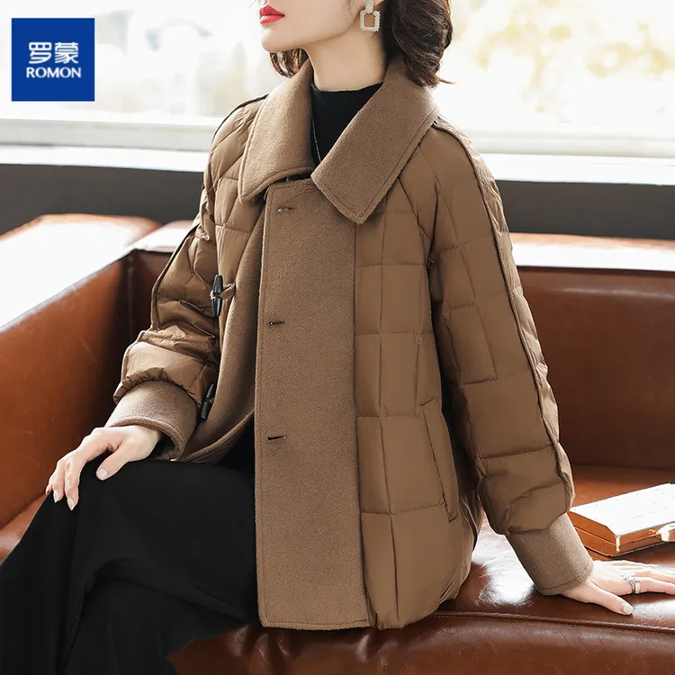 罗蒙妈妈冬装短款棉服洋气拼接毛呢外套中老年女冬季加厚棉袄上衣