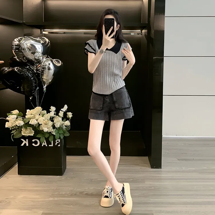 夏季套装女装气质两件套2025新款灰色镂空短袖针织衫时尚牛仔短裤