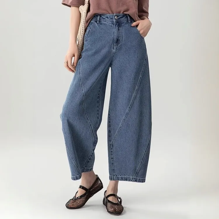 美式复古拼接牛仔裤夏季新款高腰宽松休闲显瘦百搭九分弯刀阔腿裤