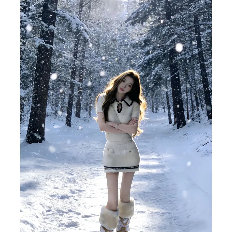 韩系甜美少女2025冬季新款小香滑雪系列针织上衣配包臀短裙两件套
