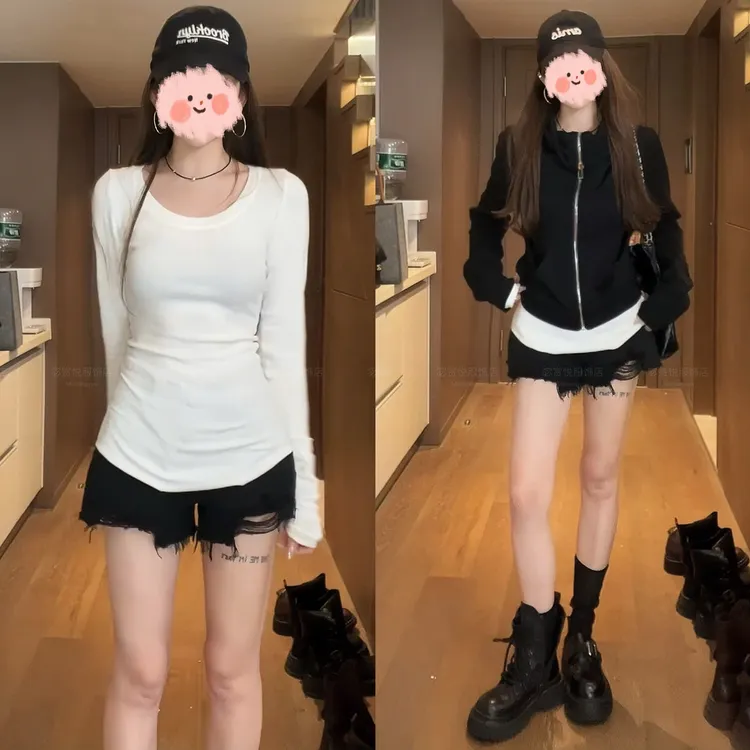 早秋新款出游穿搭氛围时尚出片百搭T恤+外套百搭修身牛仔短裤套装