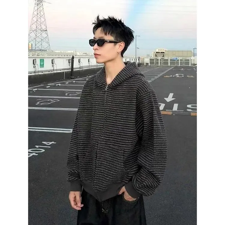 黑色条纹绒感连帽开衫卫衣男秋季美式拉链外套韩系穿搭慵懒风上衣
