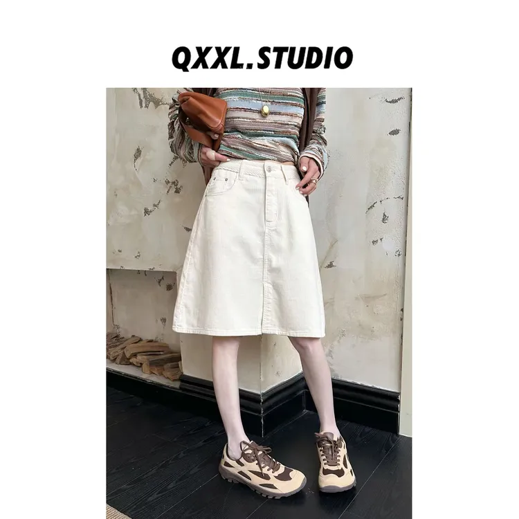 邱小小丽呀 秋季新款灯芯绒高腰A字裙子女韩版纯色百搭休闲半裙