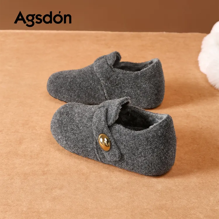 【奥古狮登】毛毛鞋女保暖毛毡乐福鞋增高加绒4.5cm魔术贴R154545AA
