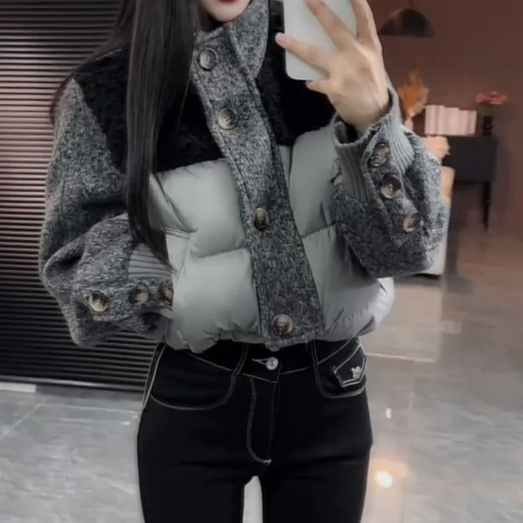 冬季立领拼接短款女宽松百搭减龄显瘦时尚小个子外套