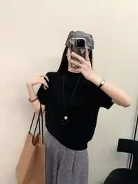 13588【蝶谷】2025早秋季半高领短袖针织衫女