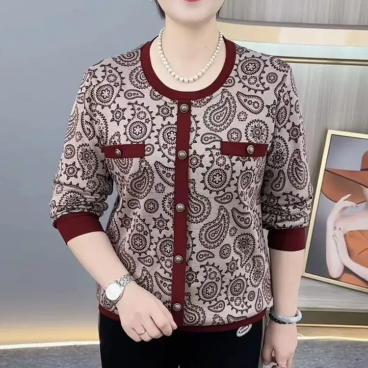 秋冬新款时尚圆领加绒加厚中老年妈妈装减龄百搭长袖上衣H2311