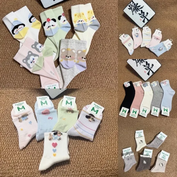 四季纯棉吸汗透气卡通动漫提花可爱风中筒袜中筒女袜辽源袜子秋冬