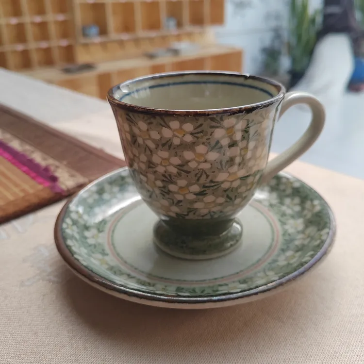 手绘冰釉粗陶马克杯咖啡杯全新带碟冰裂开片