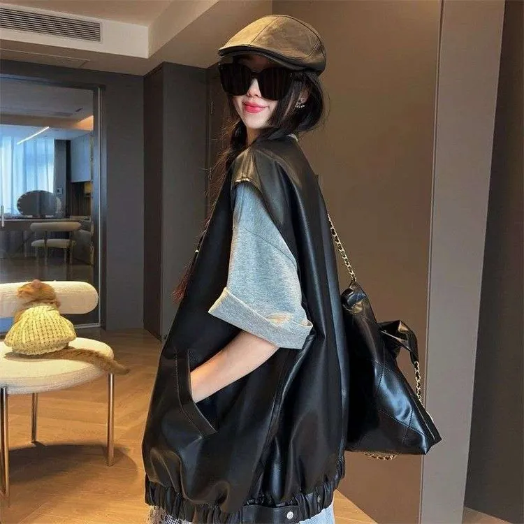 时尚简约皮马甲女早秋2025新款宽松休闲设计师坎肩外套潮