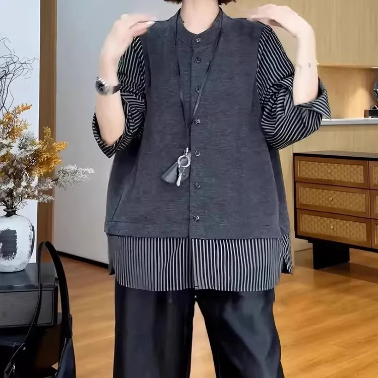 设计感宽松减龄百搭上衣女2025秋季胖MM时尚撞色条纹假两件衬衫