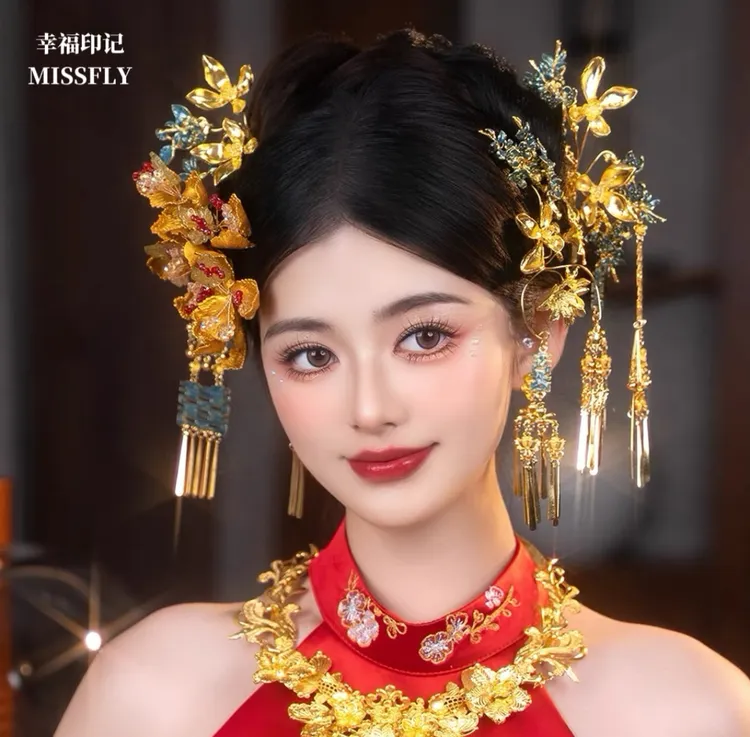 新中式新娘头饰金色橙色花朵蓝色凤钗喜字秀禾龙凤褂晨袍旗袍发饰