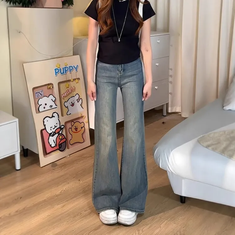 雪千羽复古蓝微喇牛仔裤女夏薄款胖mm高腰显瘦梨形身材弹力喇叭裤