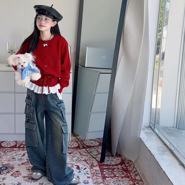 【酷哒仔】女童抽绳开衫花边毛衣牛仔工装裤子两件套装2025秋季潮范