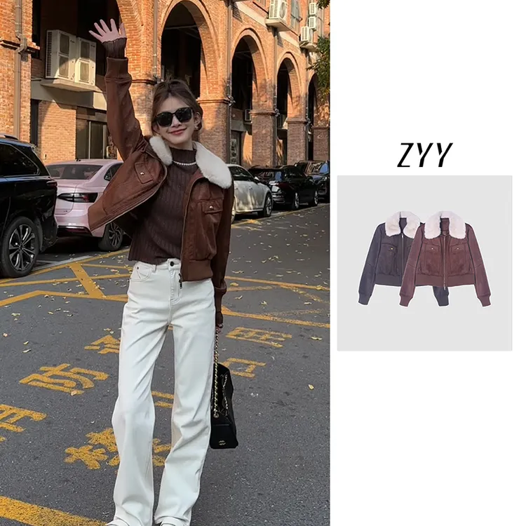 ZYY【兰亭序】2025S/S新品短款正肩毛领长袖皮衣外套X25QZPPY05078