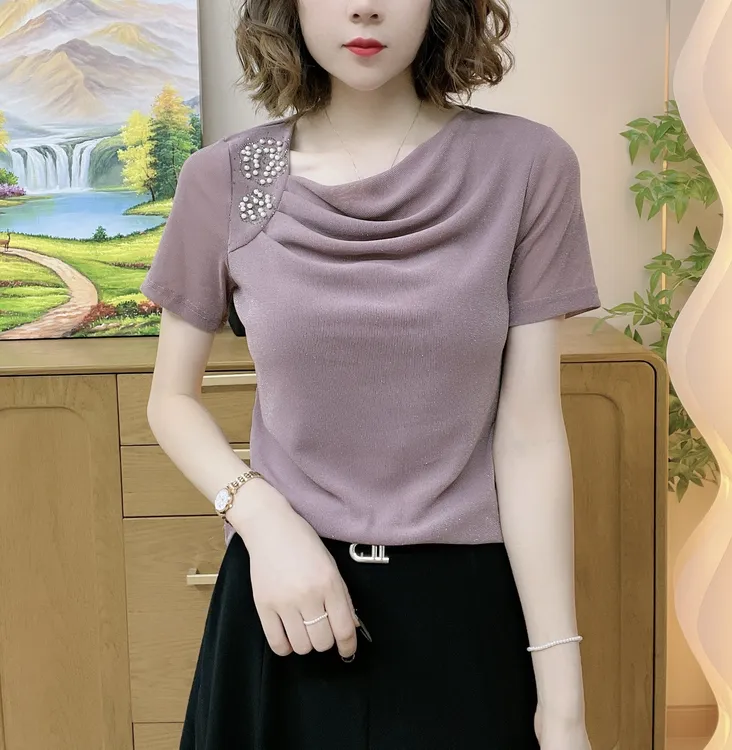 夏季新品短袖重工钉珠气质减龄洋气小衫女长袖上衣