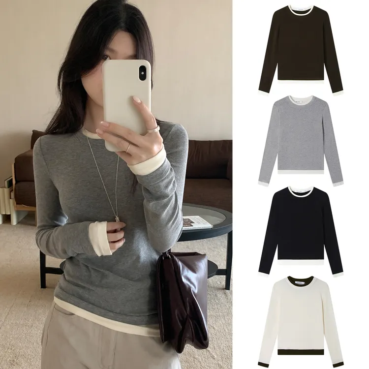 Miss sumey#1386自制早秋假两件长袖针织t恤女撞色休闲打底衫上衣