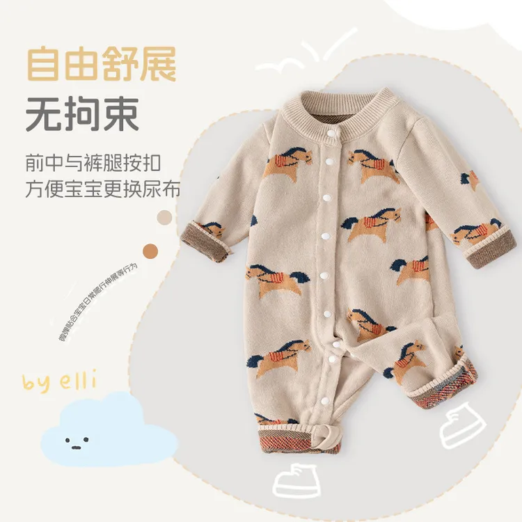 宝宝衣服A类纯棉秋冬款爬爬服快乐小马可爱针织婴儿连体衣