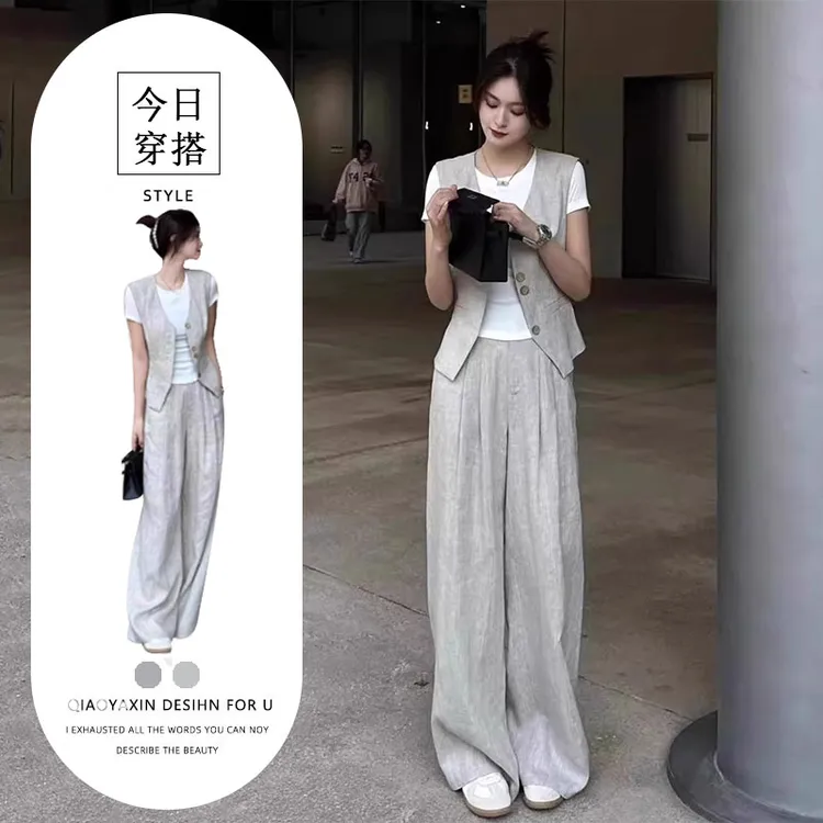 高级感气质马甲职业套装女夏季新款时尚白色T恤高腰阔腿裤三件套