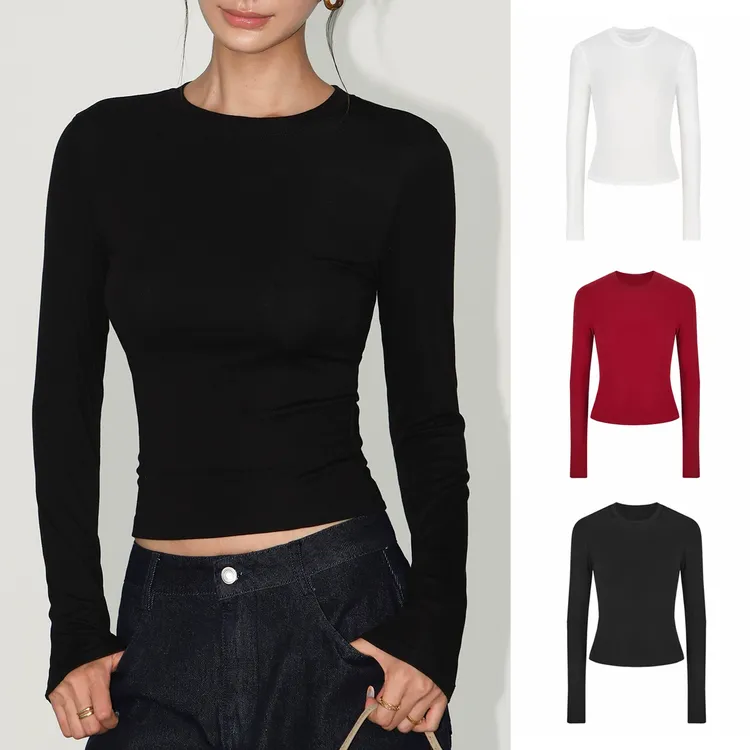 正肩掐腰圆领长袖T恤女秋冬磨毛加厚上衣百搭显瘦高弹内搭打底衫