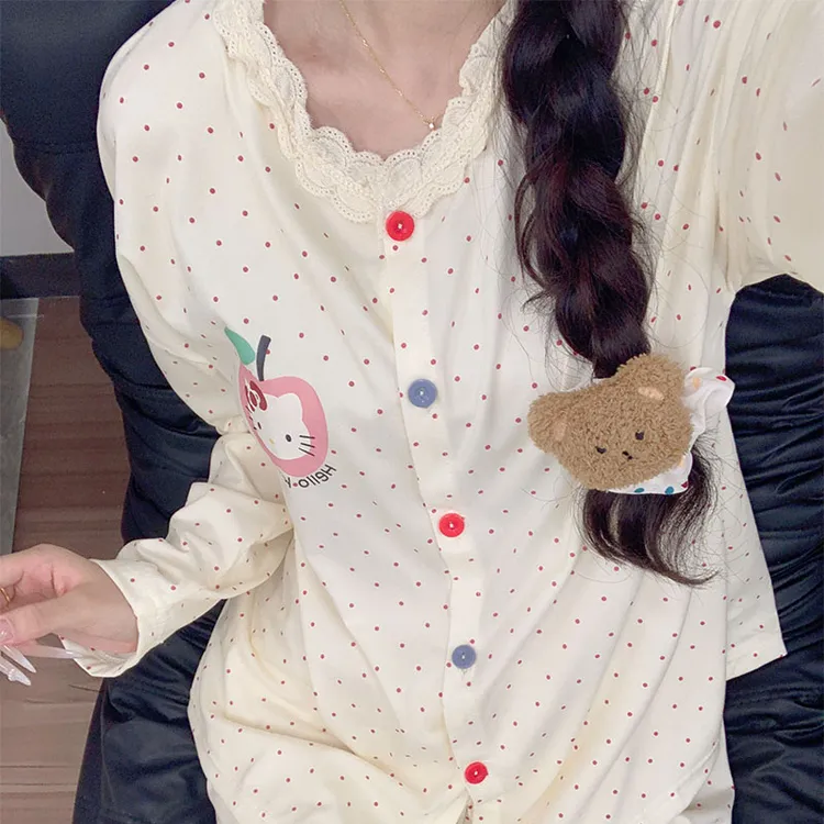 甜美风波点长袖睡衣女款春秋季爆款绵柔女士长裤家居服套装可外穿