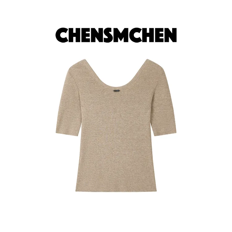 CHENSMCHEN 绵羊毛纯色简约短袖针织衫女时尚百搭打底衫CSZ7487WY