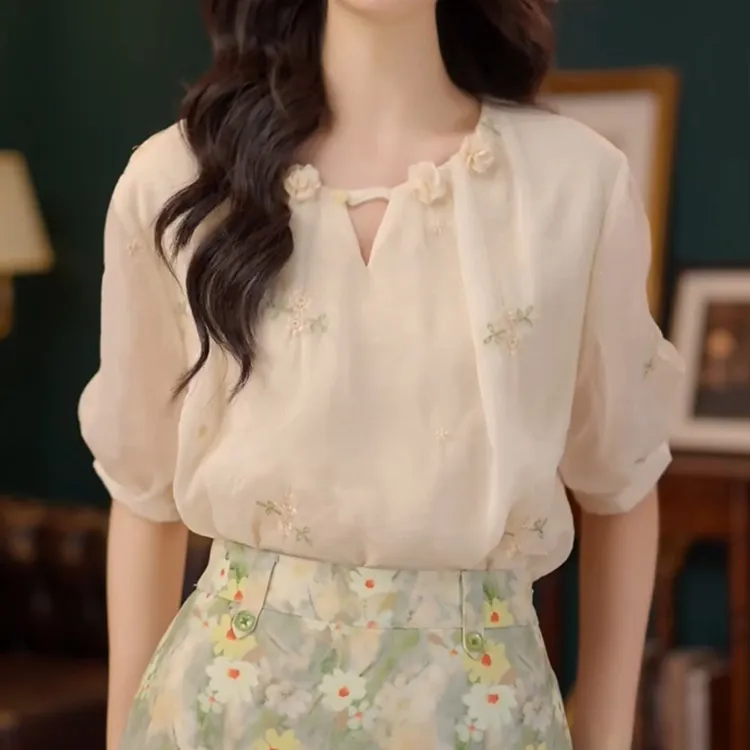简约百搭衬衫新款藏肉巨遮肚子显瘦上衣女短袖减龄洋气胖mm大码夏
