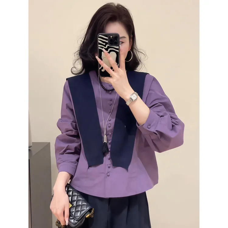 韩系小众披肩衬衫女早秋季新款设计感圆领长袖衬衣两件套上衣