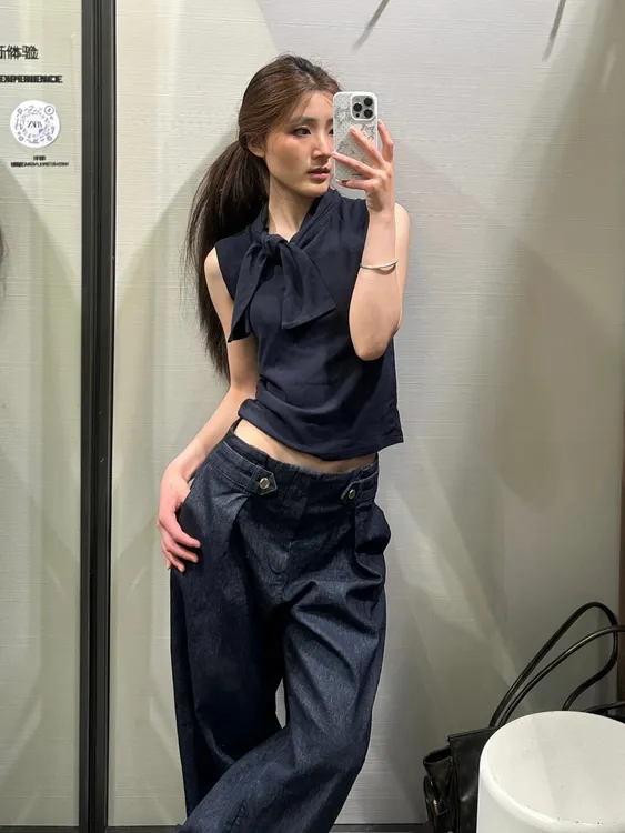 御姐气质飘带无袖t恤背心加裤子夏季2025新款洋气独特超好看套装