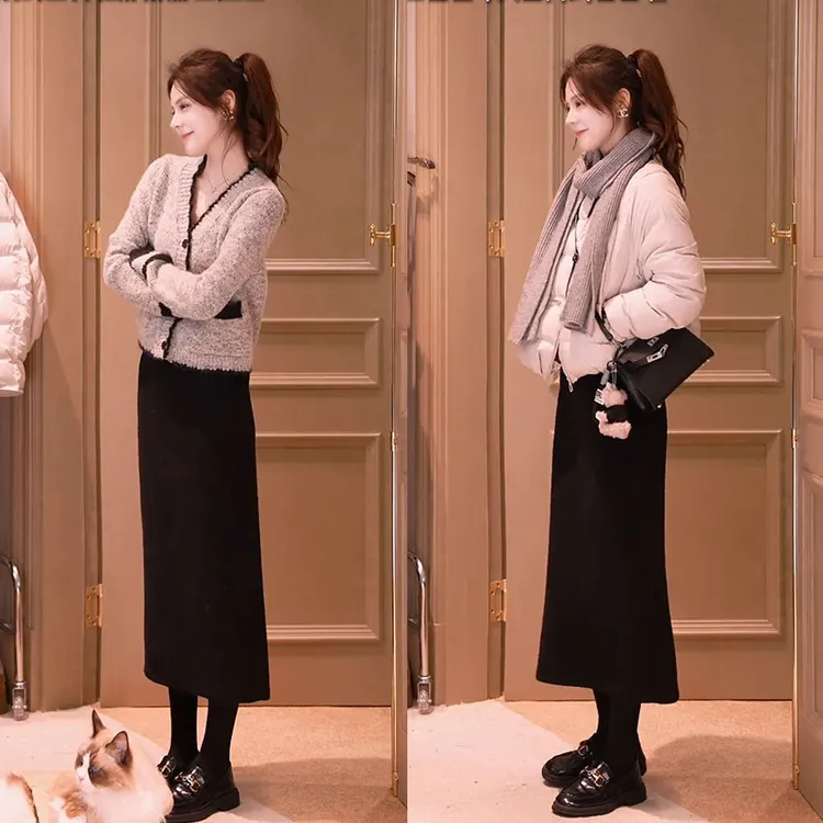 冬季流行穿搭一整套2025新款V领针织衫短款棉服外套半身裙三件套