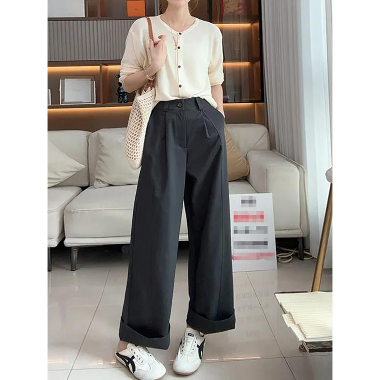2025早秋季新款女装立体剪裁长裤百搭纯色高腰宽松显瘦阔腿休闲裤