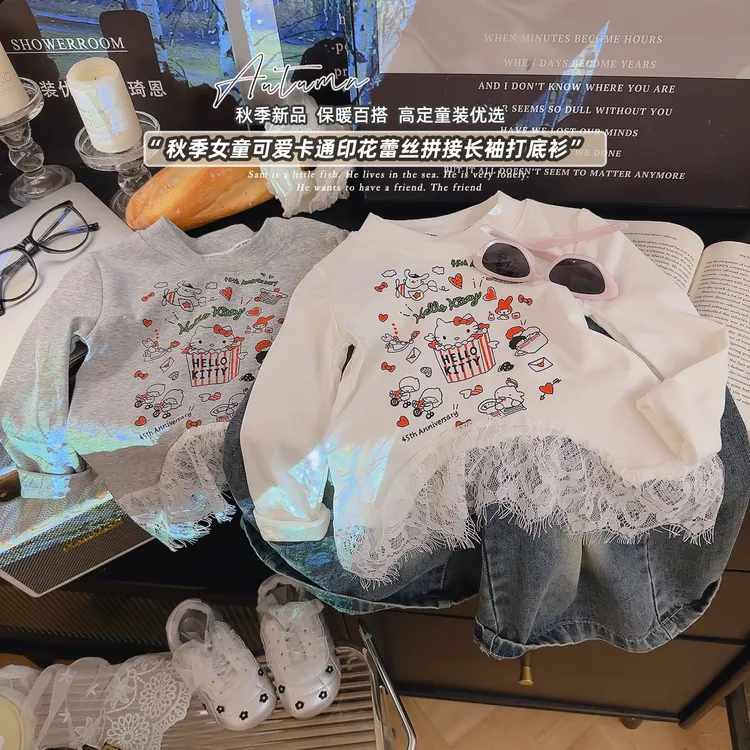  春秋女宝可爱kitty猫卡通印花纯棉蕾丝拼接上衣长袖时尚百搭