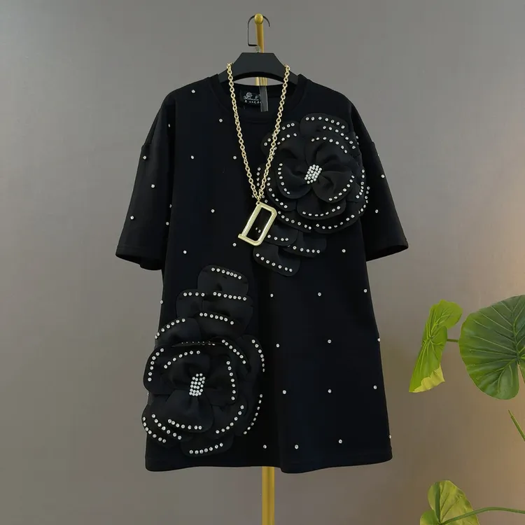 钉珠钉钻立体花朵棒棒糖圆领宽松遮肚子休闲百搭色拼接半袖T恤